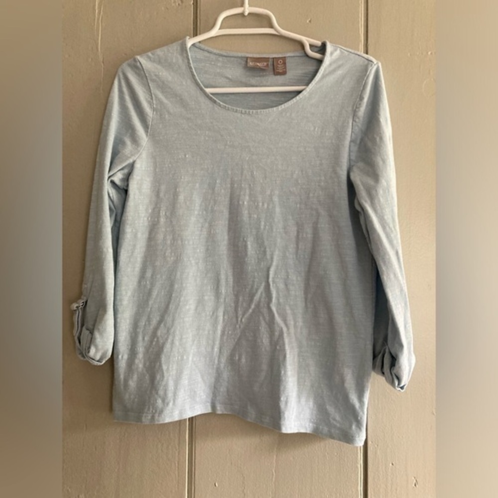 Chico's Women's Cotton Slub Utility 3/4 Sleeve Top Shirt Sz 0 XS Light Blue
